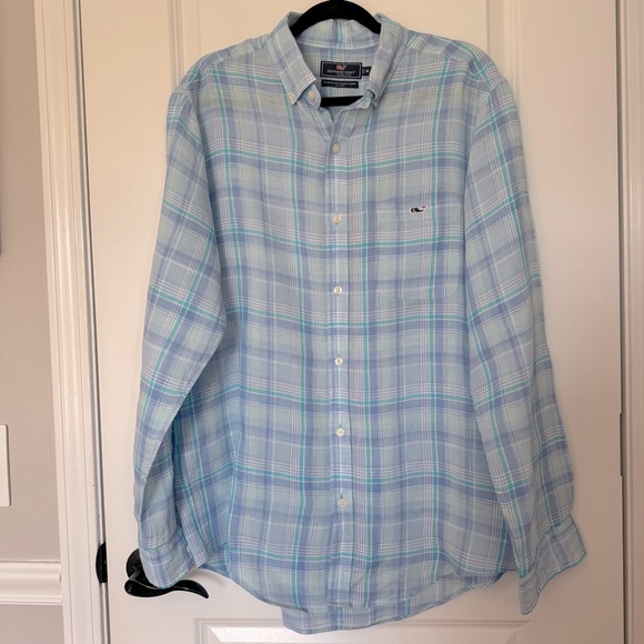 Vineyard Vines Tucker 100% Linen Men's Blue Plaid Medium Shirt - Picture 1 of 7